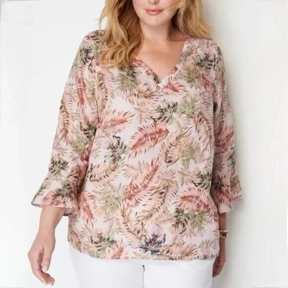 J. JILL | Love Linen Pink Tropical Print 3/4 Bell Sleeve V-Neck Blouse L Tall - Picture 1 of 14